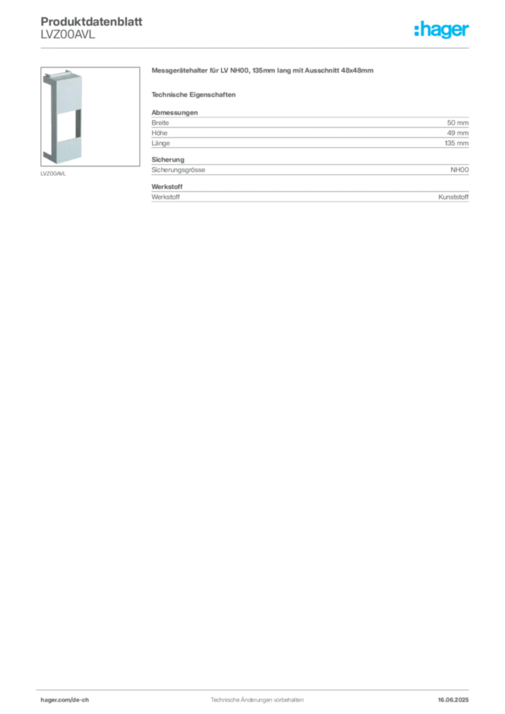 Bild Hager Produktdatenblatt LVZ00AVL | Hager Schweiz
