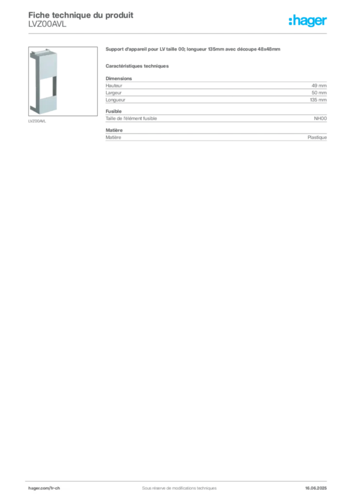 Image Hager Fiche technique du produit LVZ00AVL | Hager Suisse