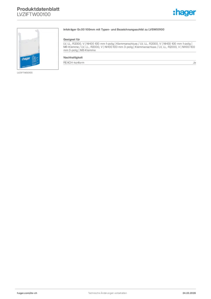 Bild Hager Produktdatenblatt LVZIFTW00100 | Hager Schweiz