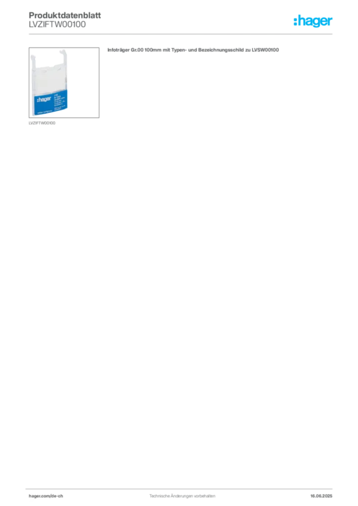 Bild Hager Produktdatenblatt LVZIFTW00100 | Hager Schweiz