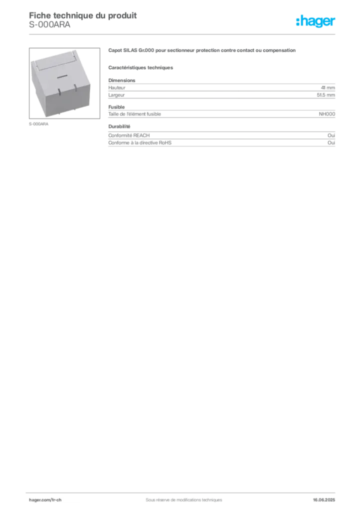 Image Hager Fiche technique du produit S-000ARA | Hager Suisse