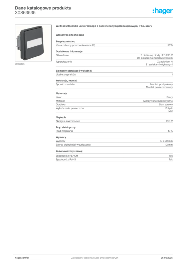 Zdjęcie Hager Dane katalogowe produktu 30863535 | Hager Polska