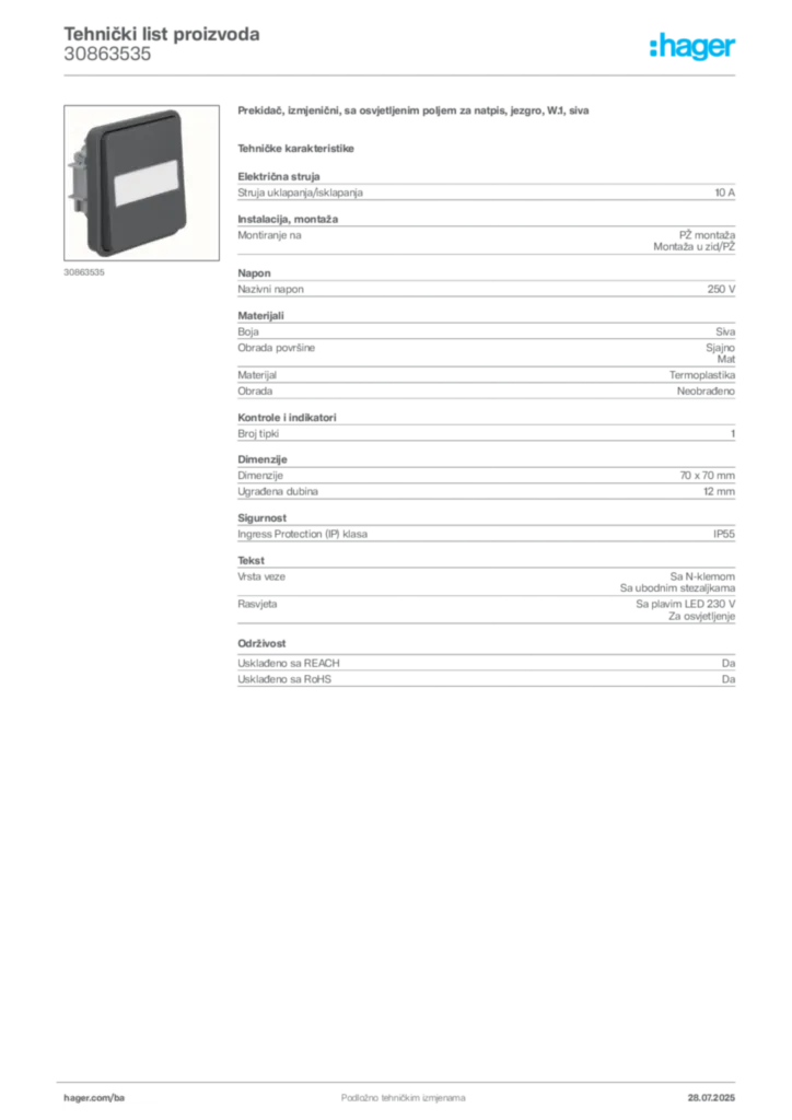 Slika Hager Product data sheet 30863535  | Hager