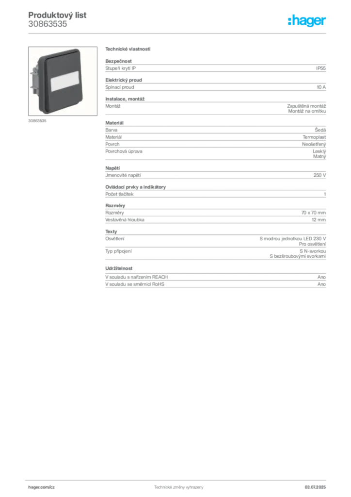 Obrázek Hager Product data sheet 30863535 | Hager