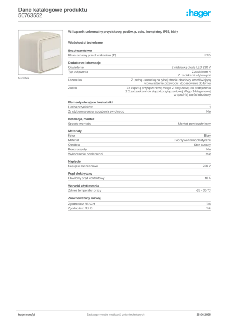 Zdjęcie Hager Dane katalogowe produktu 50763552 | Hager Polska