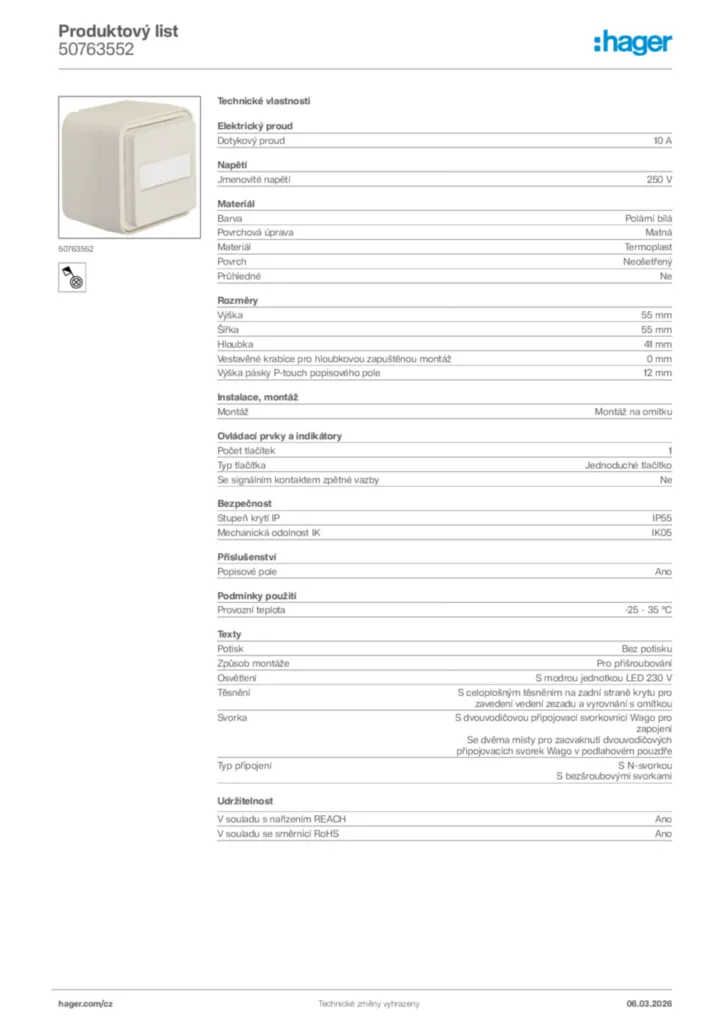 Obrázek Hager Product data sheet 50763552 | Hager