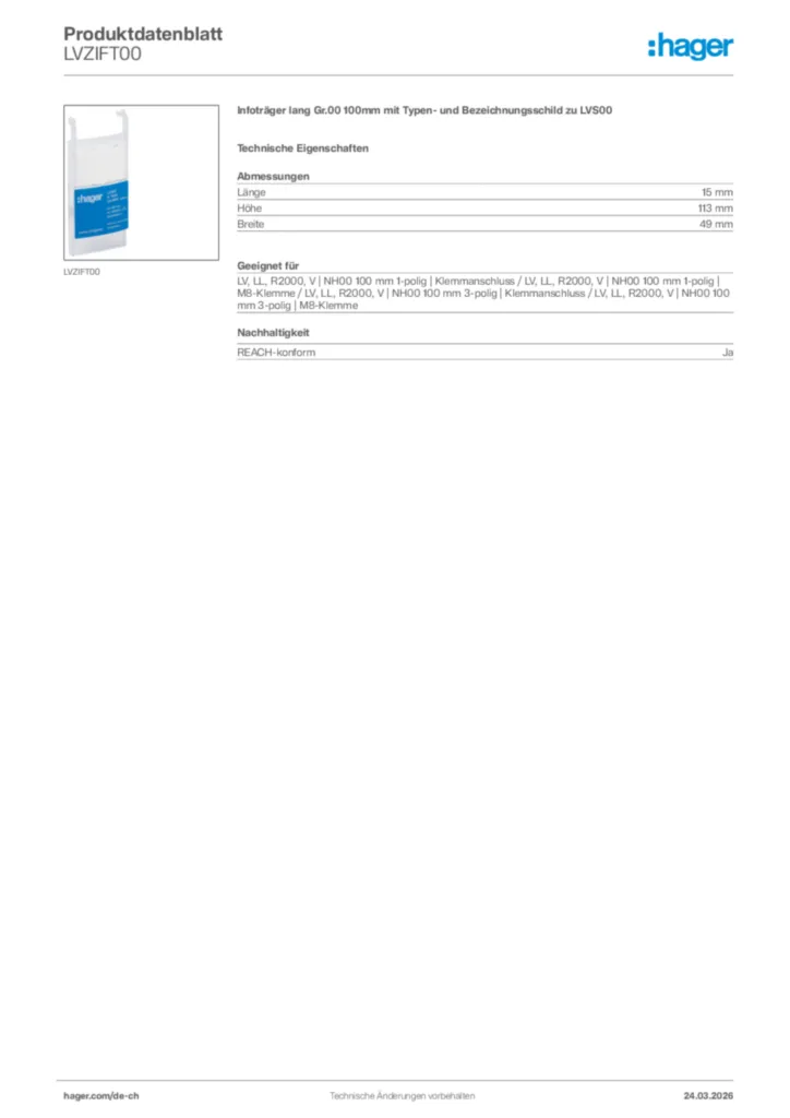 Bild Hager Produktdatenblatt LVZIFT00 | Hager Schweiz
