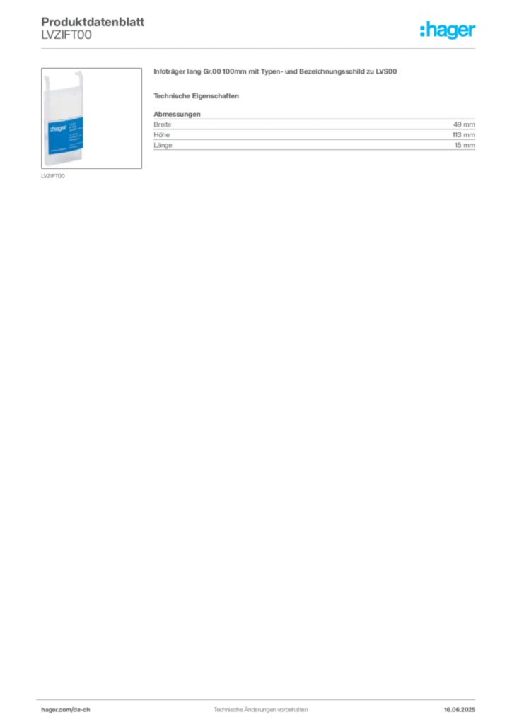 Bild Hager Produktdatenblatt LVZIFT00 | Hager Schweiz
