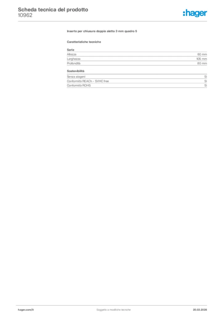 Immagine Hager Scheda tecnica del prodotto 10962 | Hager Italia