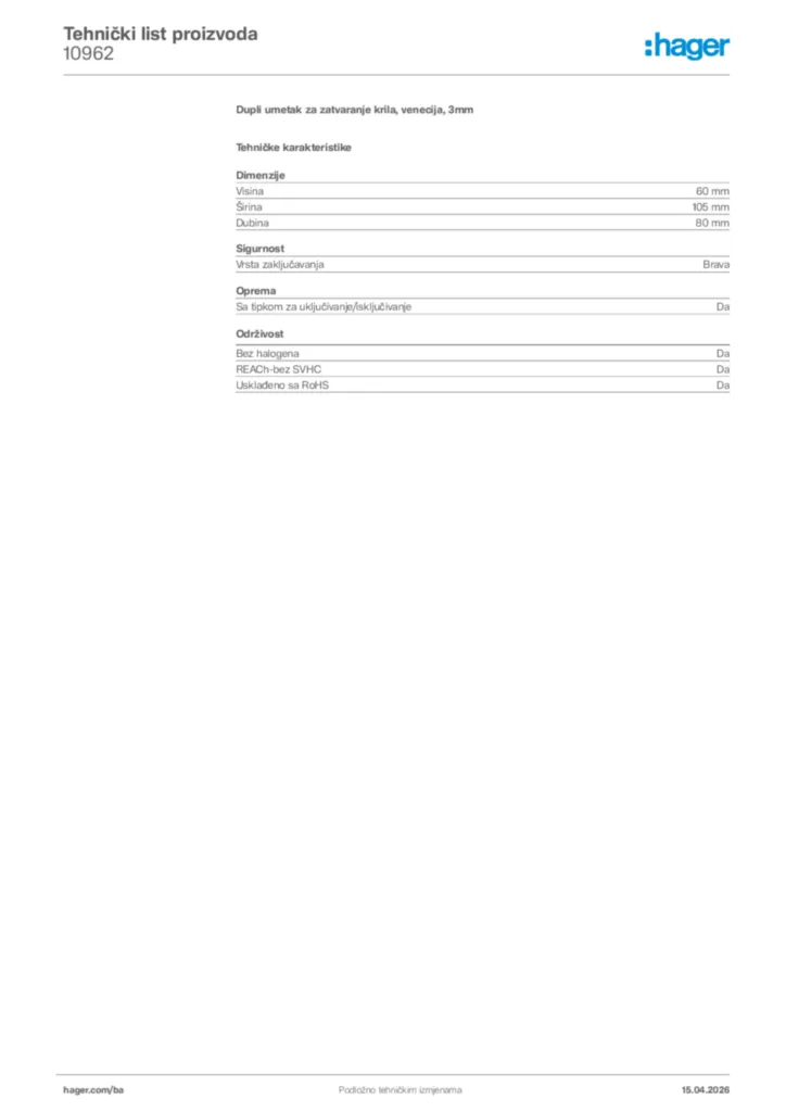 Slika Hager Tehnički list proizvoda 10962  | Hager
