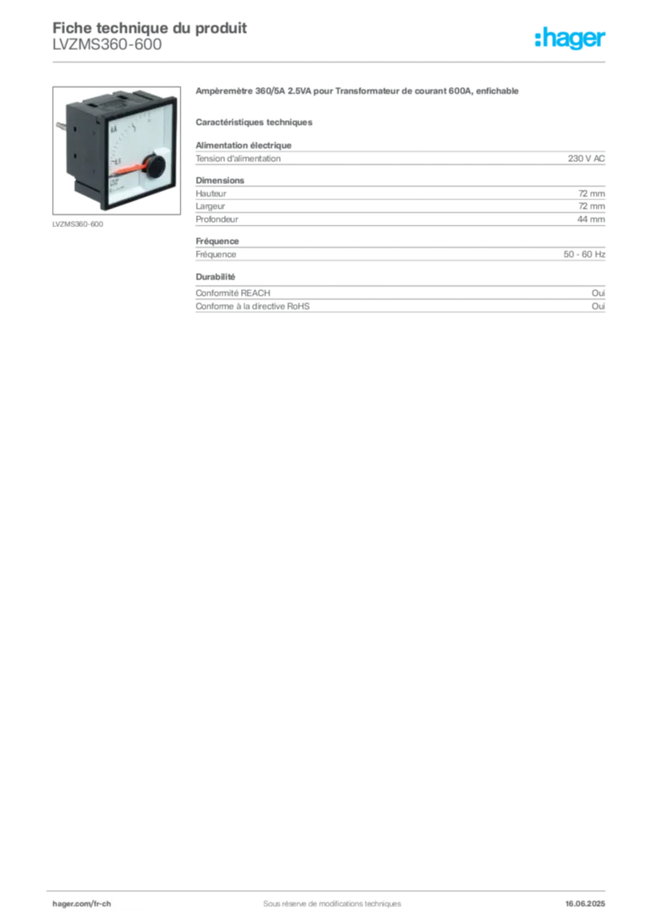 Image Hager Fiche technique du produit LVZMS360-600 | Hager Suisse