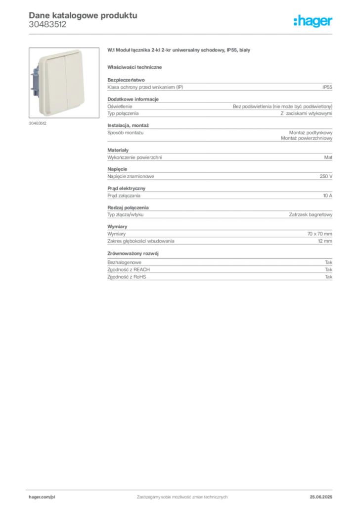 Zdjęcie Hager Dane katalogowe produktu 30483512 | Hager Polska