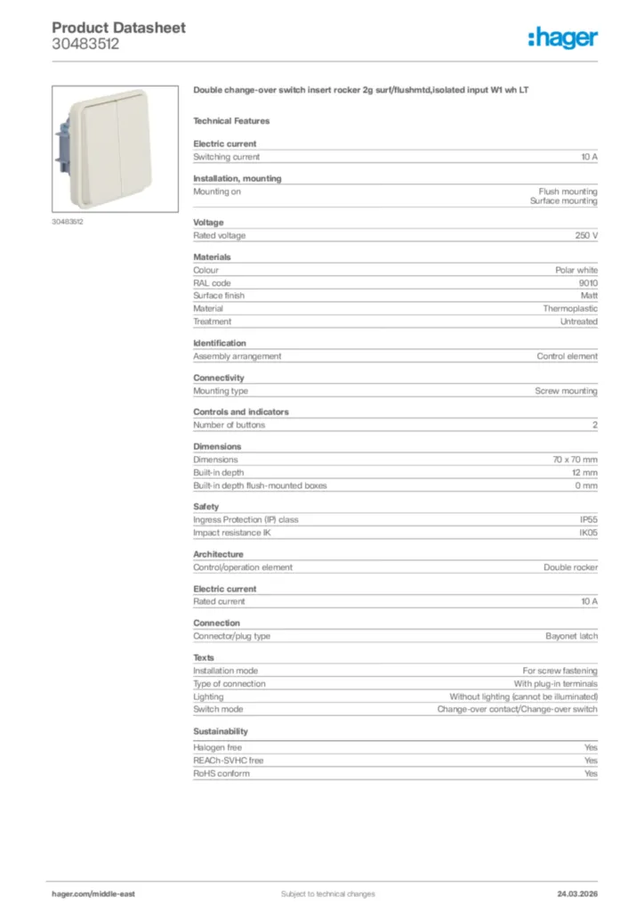 Image Hager Product data sheet 30483512  | Hager