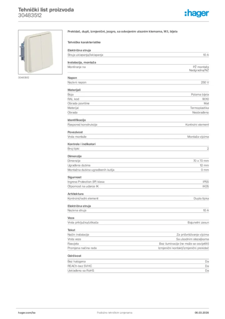 Slika Hager Tehnički list proizvoda 30483512  | Hager