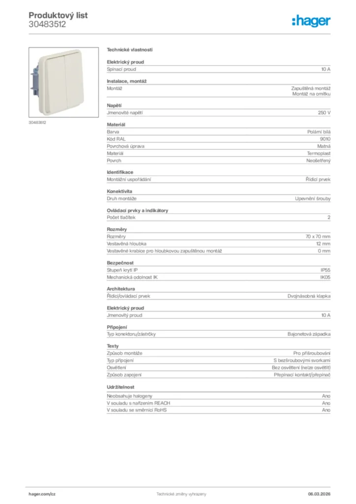 Obrázek Hager Product data sheet 30483512 | Hager