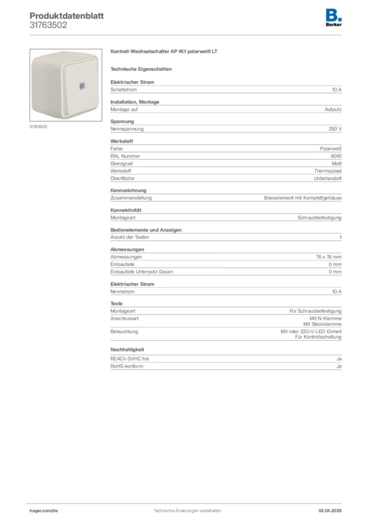 Bild Berker Produktdatenblatt 31763502 | Hager Deutschland