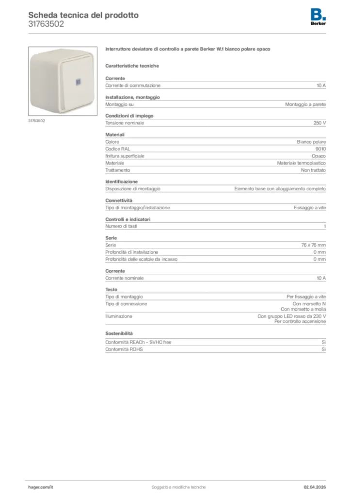 Immagine Berker Scheda tecnica del prodotto 31763502 | Hager Italia