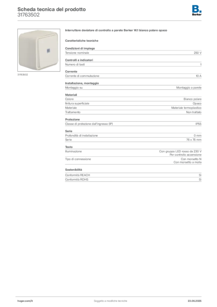 Immagine Berker Scheda tecnica del prodotto 31763502 | Hager Italia
