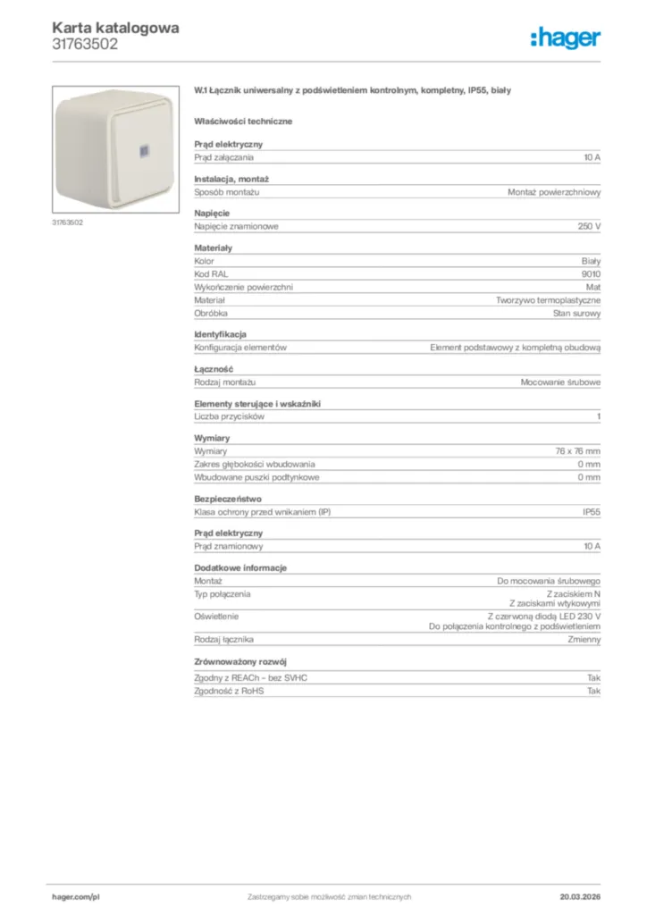 Zdjęcie Hager Karta katalogowa 31763502 | Hager Polska