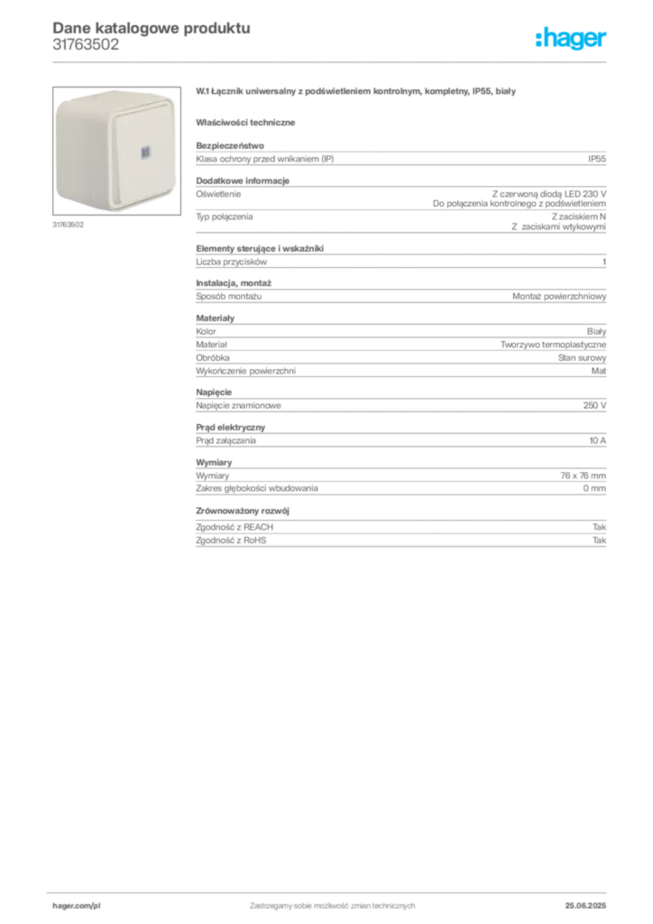Zdjęcie Hager Dane katalogowe produktu 31763502 | Hager Polska