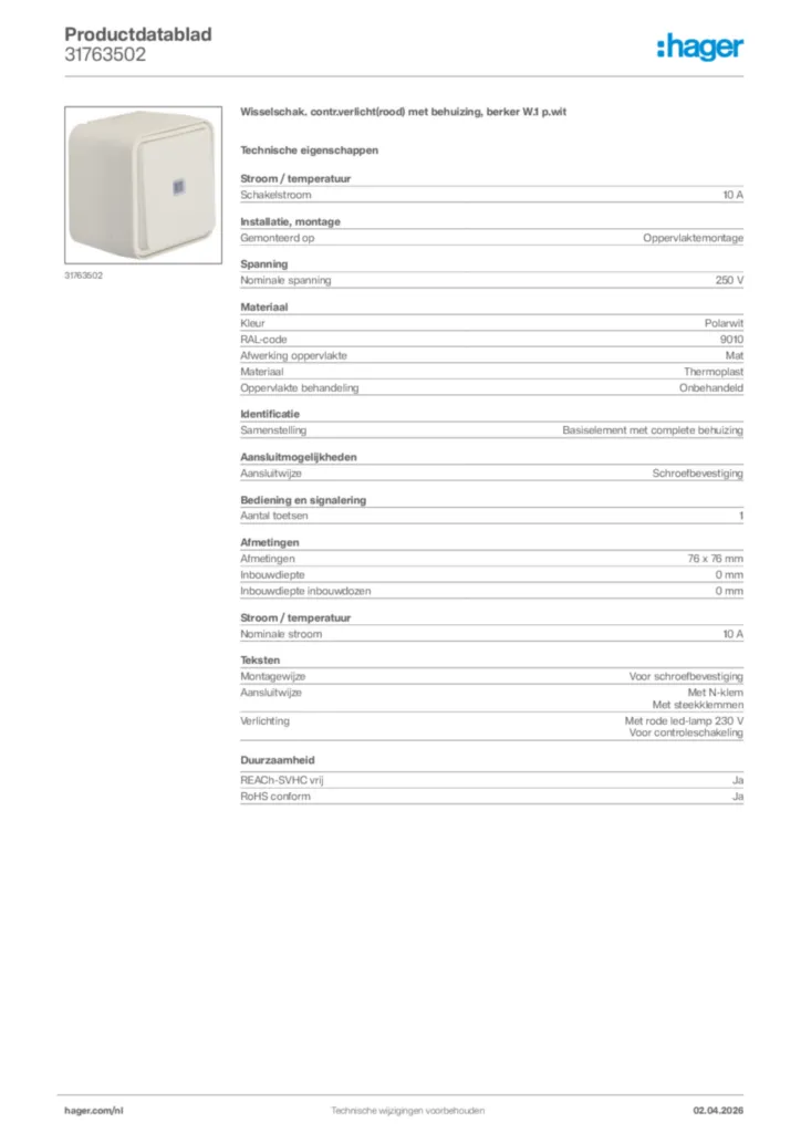 Afbeelding Hager Productdatablad 31763502 | Hager Nederland