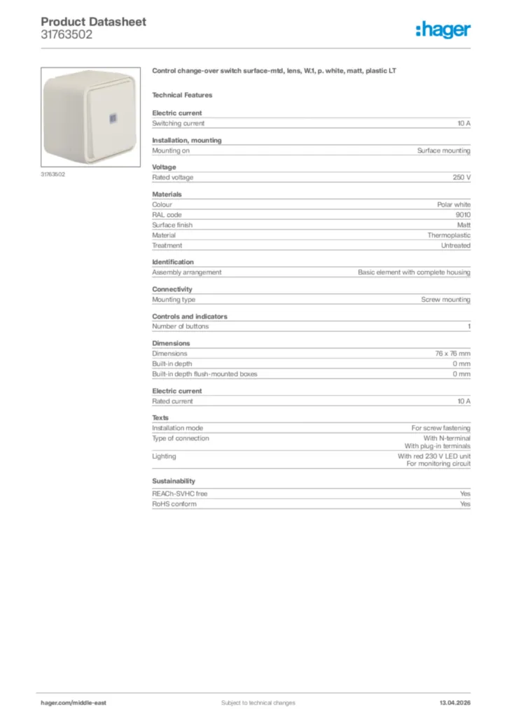 Image Hager Product data sheet 31763502  | Hager