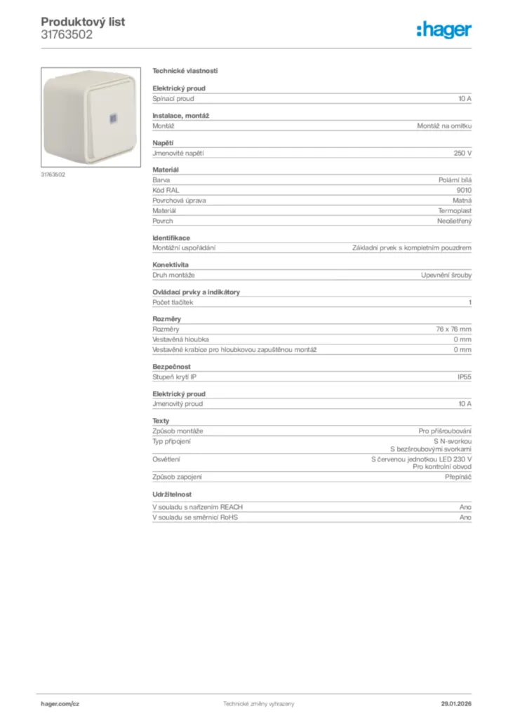 Obrázek Hager Product data sheet 31763502 | Hager