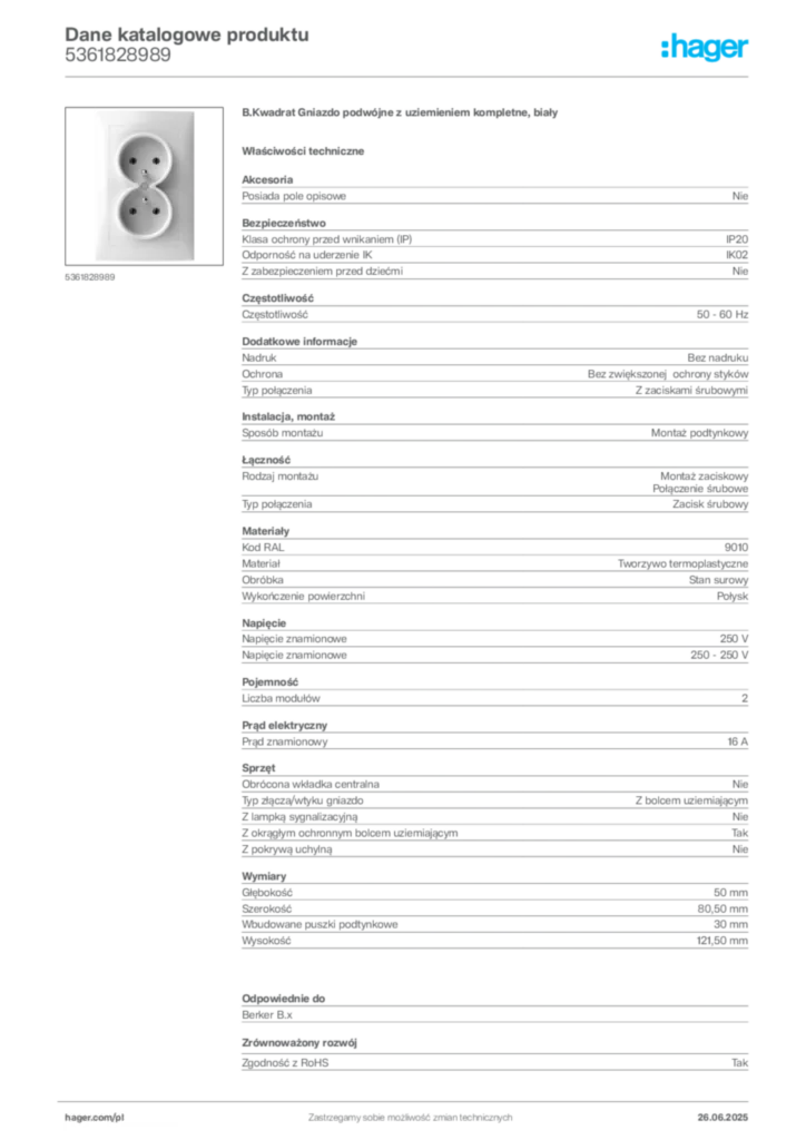 Zdjęcie Hager Dane katalogowe produktu 5361828989 | Hager Polska