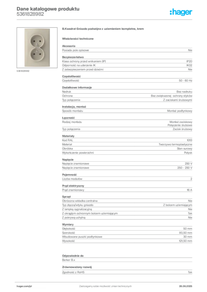 Zdjęcie Hager Dane katalogowe produktu 5361828982 | Hager Polska