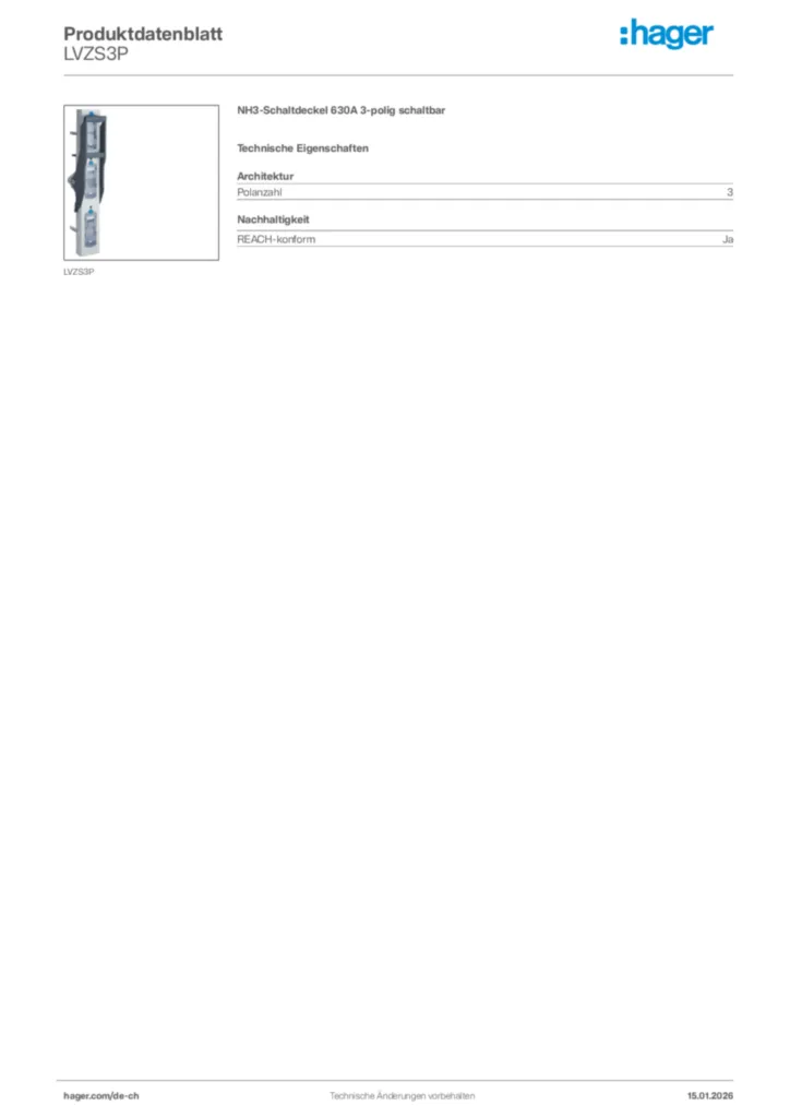Bild Hager Produktdatenblatt LVZS3P | Hager Schweiz