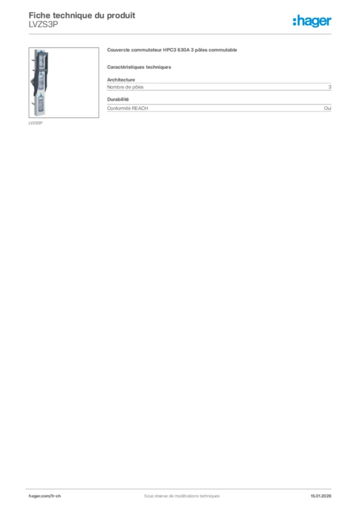 Image Hager Fiche technique du produit LVZS3P | Hager Suisse