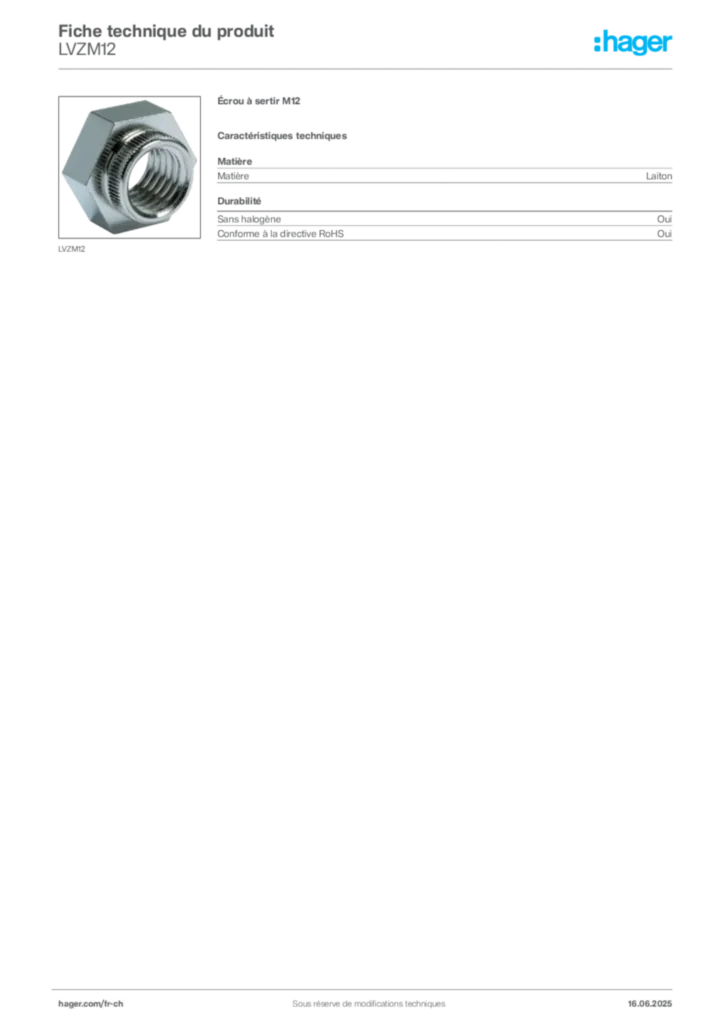 Image Hager Fiche technique du produit LVZM12 | Hager Suisse