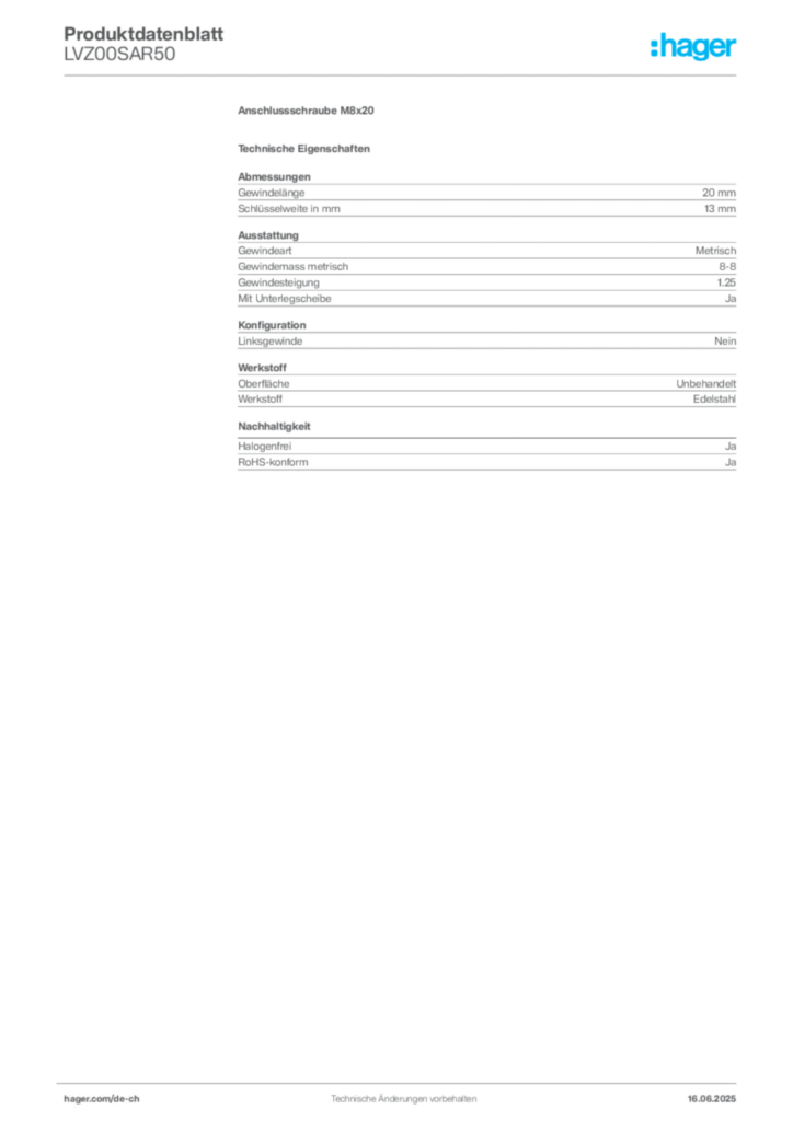 Bild Hager Produktdatenblatt LVZ00SAR50 | Hager Schweiz