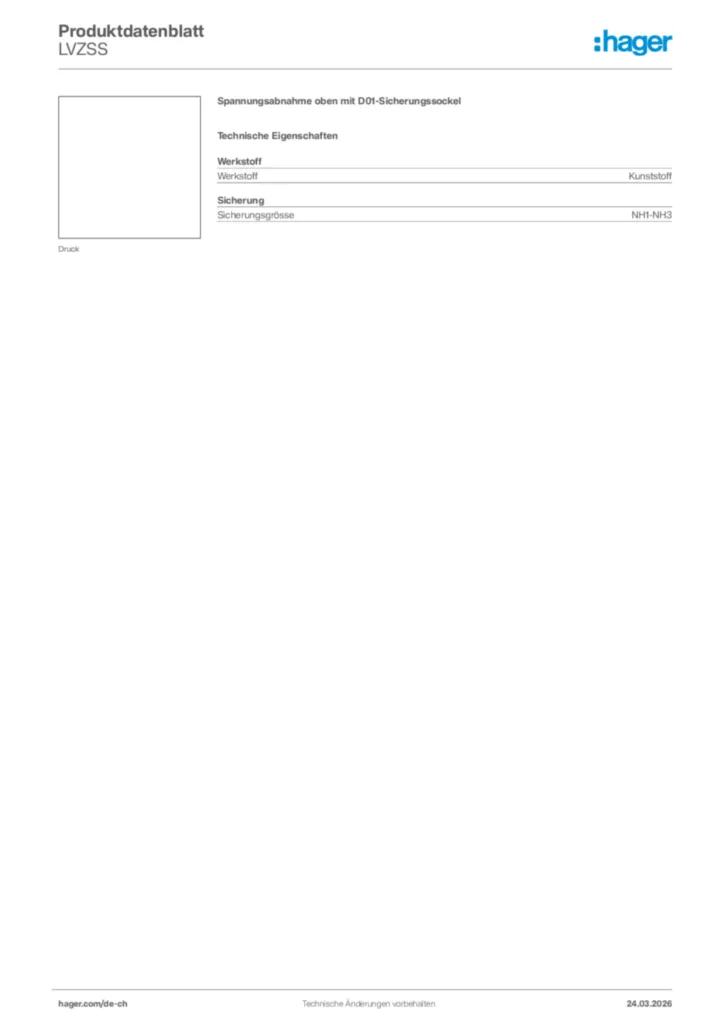 Bild Hager Produktdatenblatt LVZSS | Hager Schweiz