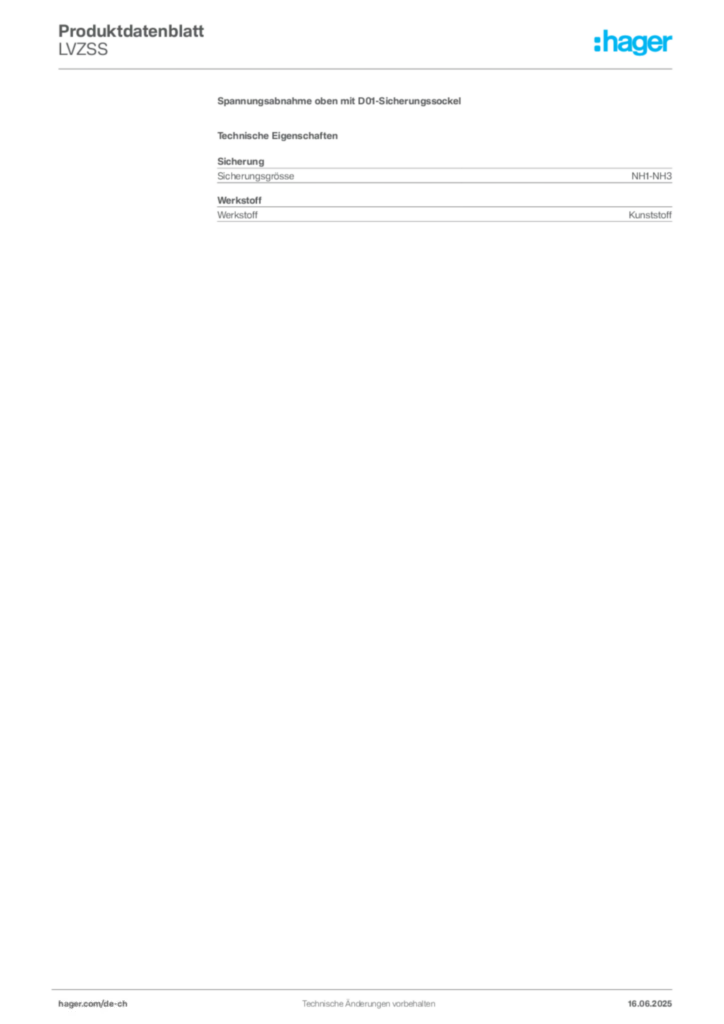 Bild Hager Produktdatenblatt LVZSS | Hager Schweiz