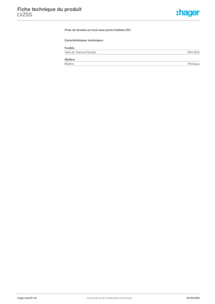 Image Hager Fiche technique du produit LVZSS | Hager Suisse