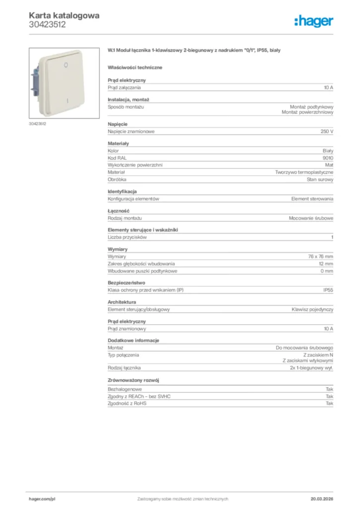 Zdjęcie Hager Karta katalogowa 30423512 | Hager Polska