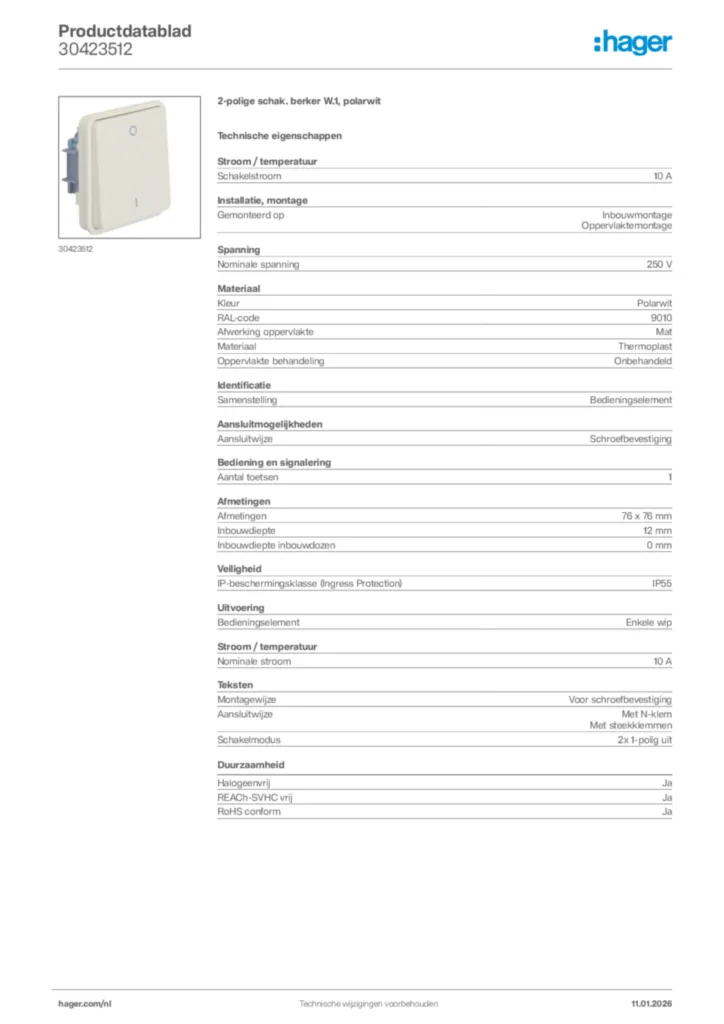 Afbeelding Hager Productdatablad 30423512 | Hager Nederland