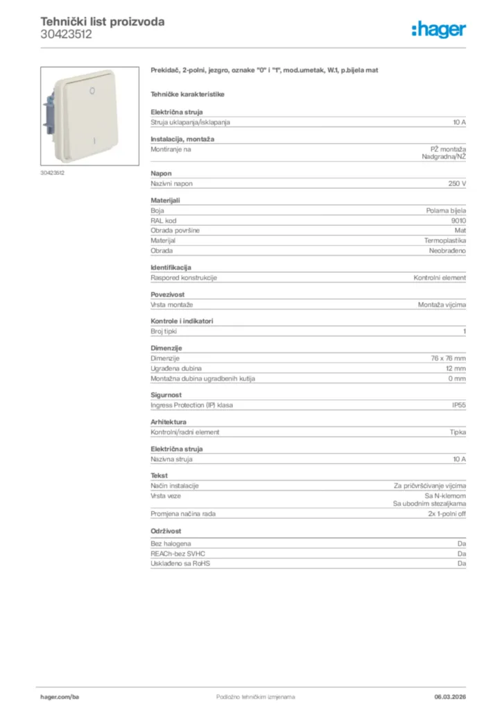 Slika Hager Tehnički list proizvoda 30423512  | Hager