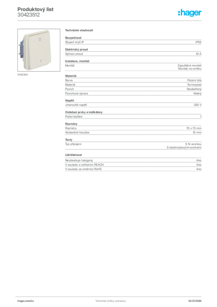 Obrázek Hager Product data sheet 30423512 | Hager
