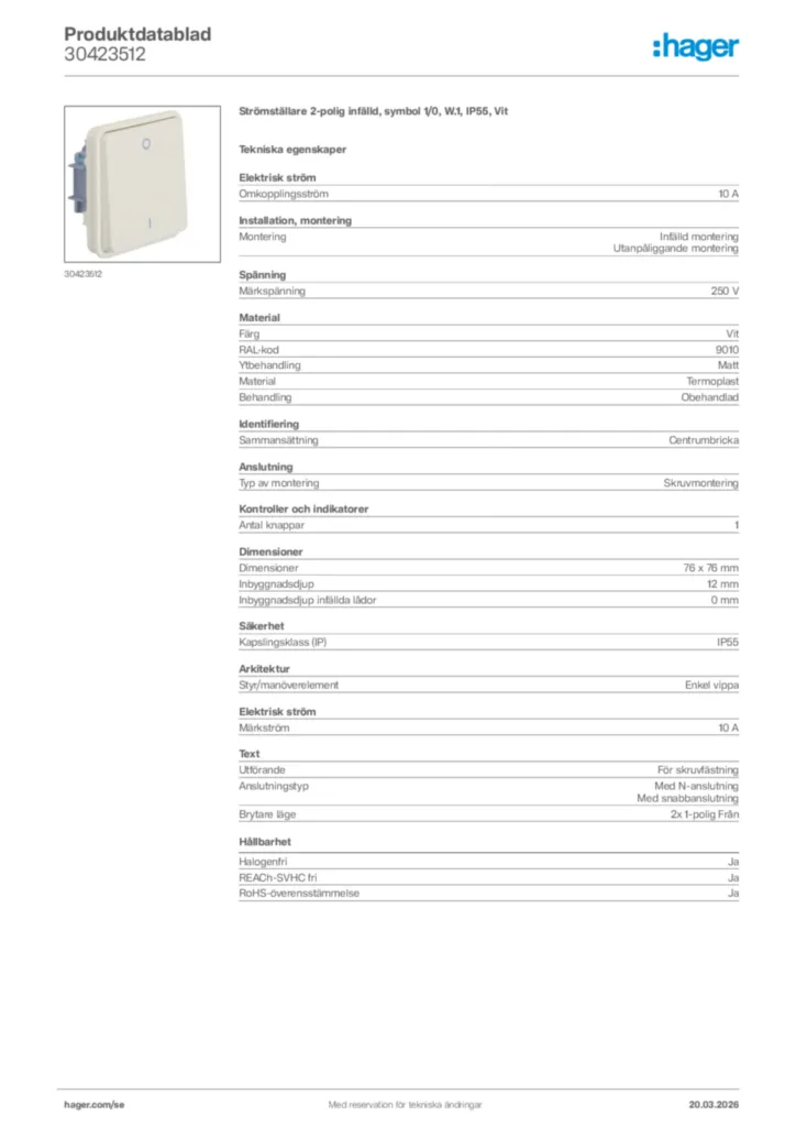Bild Hager Produktdatablad 30423512 | Hager Sverige
