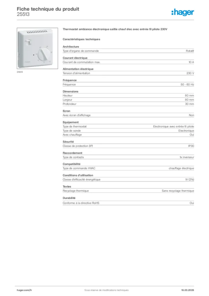 Image Hager Fiche technique du produit 25513 | Hager France