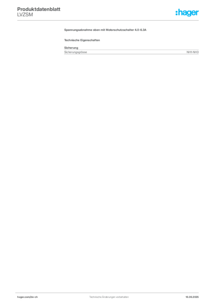 Bild Hager Produktdatenblatt LVZSM | Hager Schweiz