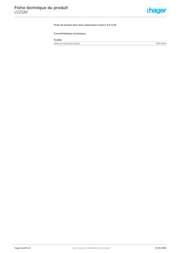 Image Hager Fiche technique du produit LVZSM | Hager Suisse