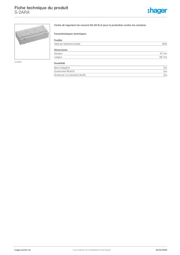 Image Hager Fiche technique du produit S-2ARA | Hager Suisse