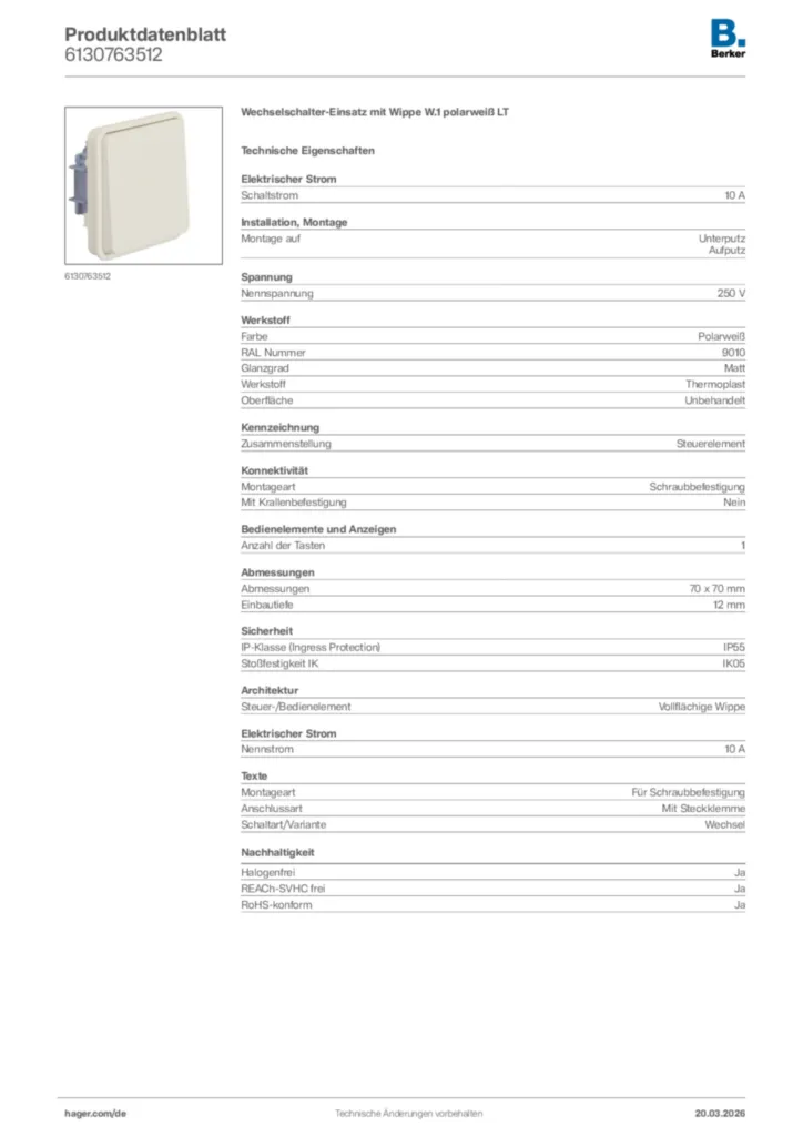 Bild Berker Produktdatenblatt 6130763512 | Hager Deutschland