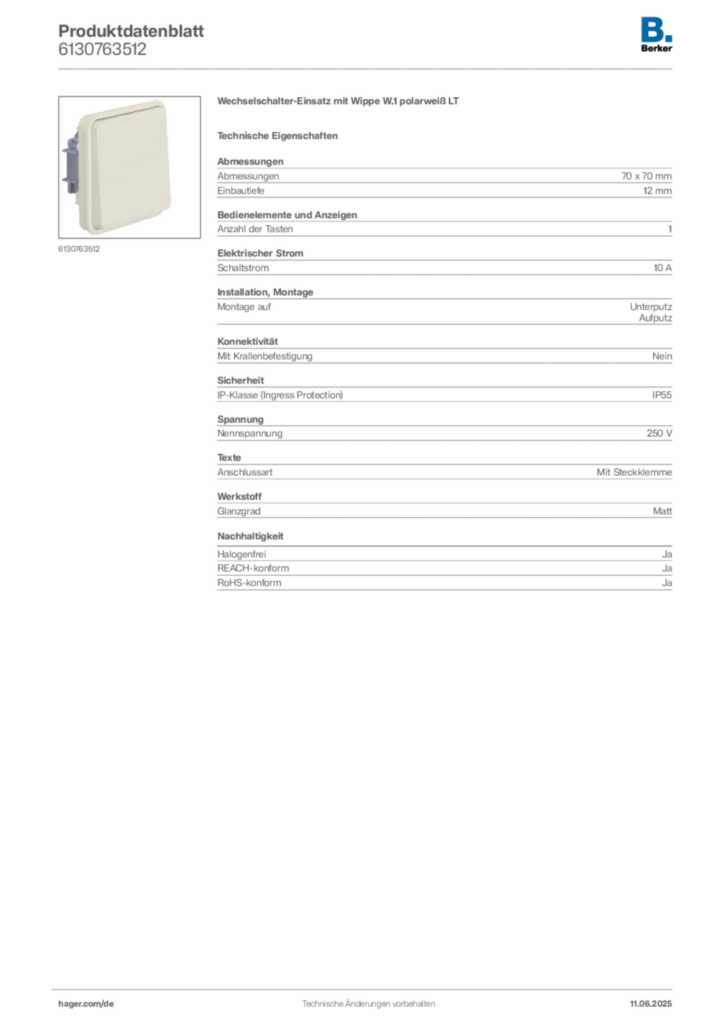 Bild Berker Produktdatenblatt 6130763512 | Hager Deutschland