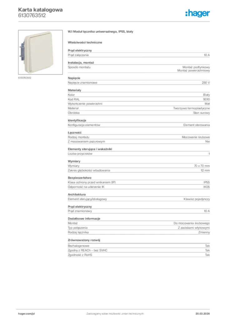 Zdjęcie Hager Karta katalogowa 6130763512 | Hager Polska