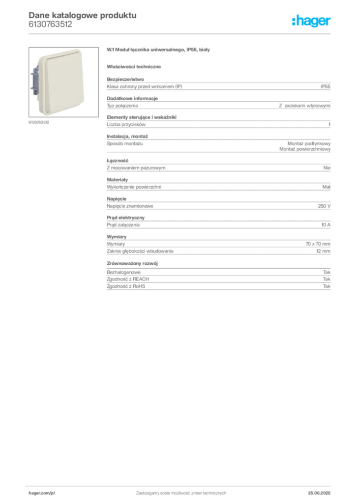 Zdjęcie Hager Dane katalogowe produktu 6130763512 | Hager Polska