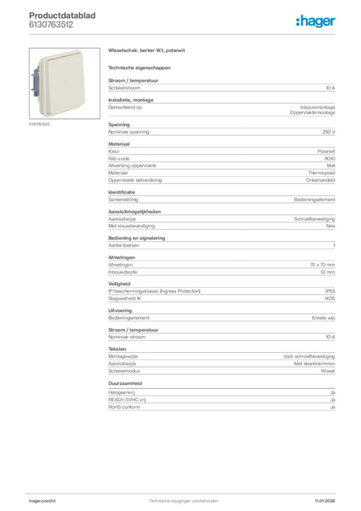 Afbeelding Hager Productdatablad 6130763512 | Hager Nederland